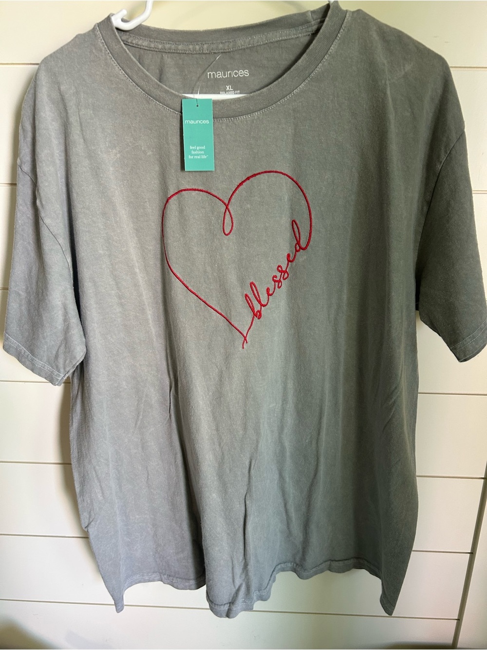 Maurices Grey Tee with Red Heart 'blessed' Script